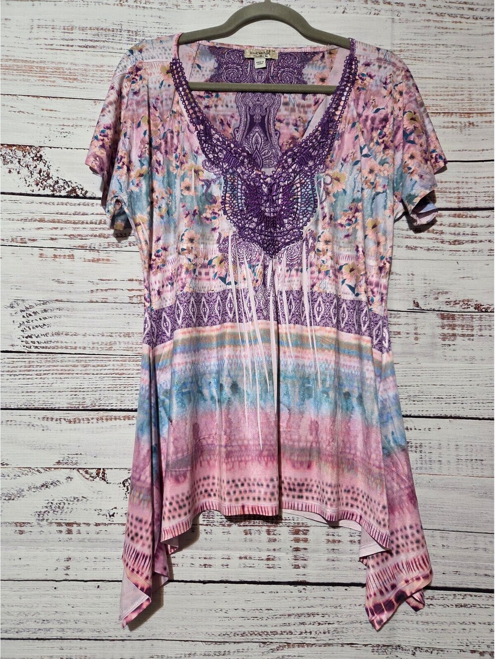 OneWorld Medium Purple Floral Pattern Bohemian Tunic Top Short Sleeve Boho